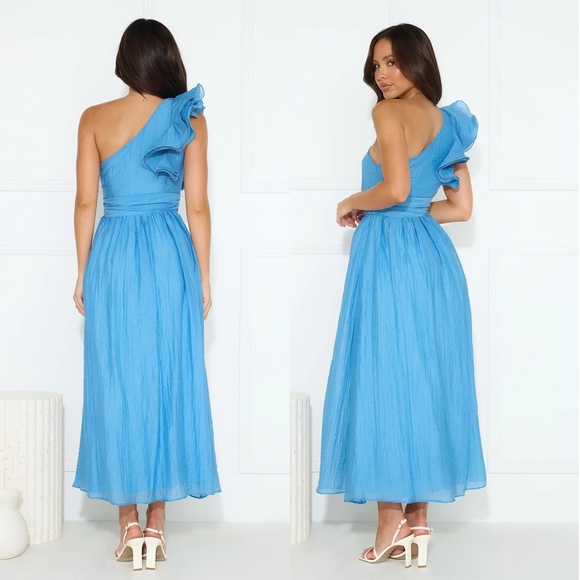 NWT HELLO MOLLY | Frill Detail Find Out One Shoulder Midi Dress Blue | Size XL - Picture 2 of 16